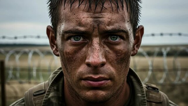 Intense Gaze of a Soldier After Battle: Courage, Sacrifice, and Resilience Depicted
