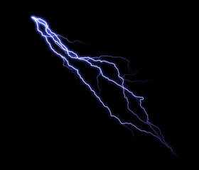A bright bolt of blue lightning strikes downwards against a dark night sky, illuminating the darkness with raw power.