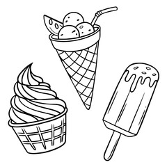 Collection of hand drawn doodles showcasing various ice cream types including cones soft serve and popsicles ideal for coloring books and creative designs