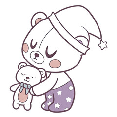 A cartoon character resembling a sleepy bear hugs a small plush bear tightly
