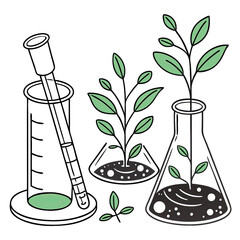 Laboratory glassware holds vibrant green plants in test tubes and flasks highlighting a study on plant growth and experimentation in a controlled environment