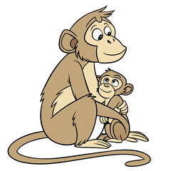 Cute illustration depicts a monkey holding its baby showcasing their loving bond. Ideal for educational content about wildlife and family connections in nature