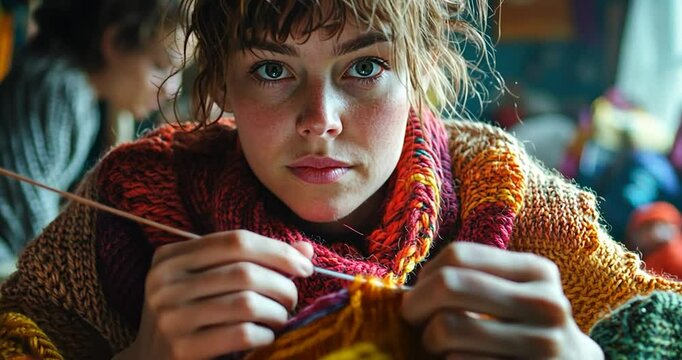 A woman sitting and knitting with colorful yarn, looking at the camera, with a close-up on her face and hands. The focus is on her eyes and the needlework process