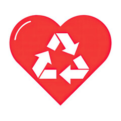 Heart shaped logo in vibrant red features white arrows forming a recycle symbol emphasizing the connection between love and environmental conservation efforts