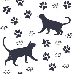 Pattern showcases playful silhouettes of cats walking alongside various paw prints perfect for creative textile applications or decor