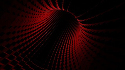 Dark red cubic tunnel with deep geometric structure and futuristic abstract perspective