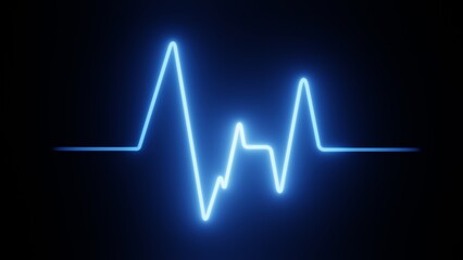 Glowing blue neon heartbeat pulse line on dark background with medical energy concept