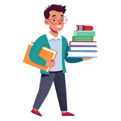 A happy teacher walks through a colorful classroom holding a large stack of books and an art scale eager to share ideas with students