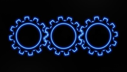 Three glowing neon blue gears interlocked on a dark background with futuristic style