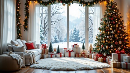 Cozy Christmas Living Room with Snowy Outdoor View