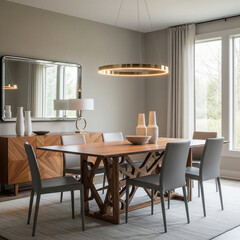 Elegant dining room with wooden table, grey chairs, and modern circular chandelier. Large mirror and textured sideboard complement the neutral color scheme.