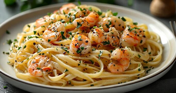 Appetizing food pasta dish with ingredient on a white plate with a dark background