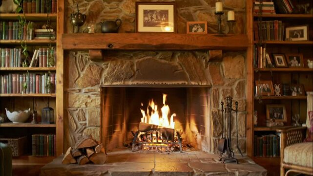 Burning fireplace in cozy rustic living room with wooden bookshelves and warm stone walls seamless looping 4k time-lapse animation video background