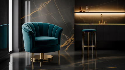 Luxurious Modern Interior with Teal Velvet Chair, Brass Accents, and Marble Finishes