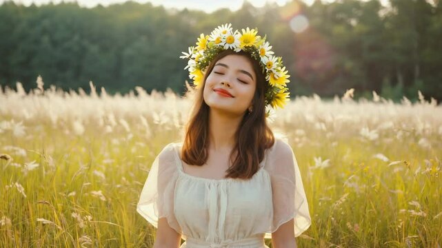 A girl with loose hair in a white dress and a wreath of flowers stands in the middle of a summer meadow, squinting with pleasure and smiling