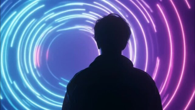 Silhouette of person standing in front of vibrant neon tunnel with glowing circular light motion seamless looping 4k time-lapse animation video background