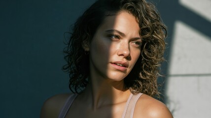 Young caucasian female with curly hair in natural light shadow