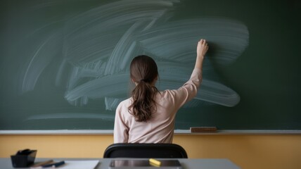 Female teacher writing on chalkboard in classroom