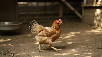 Brown hen in sunlit coop walking on dirt floor with shadows