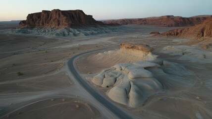 Majestic desert landscape with road and eroded rock formations at dusk