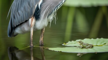 Heron and frog encounter in lush wetland setting
