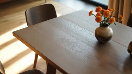 Minimalist dining area with wooden table and orange flowers in vase