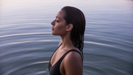 Profile of young hispanic female relaxing in calm waters at sunset