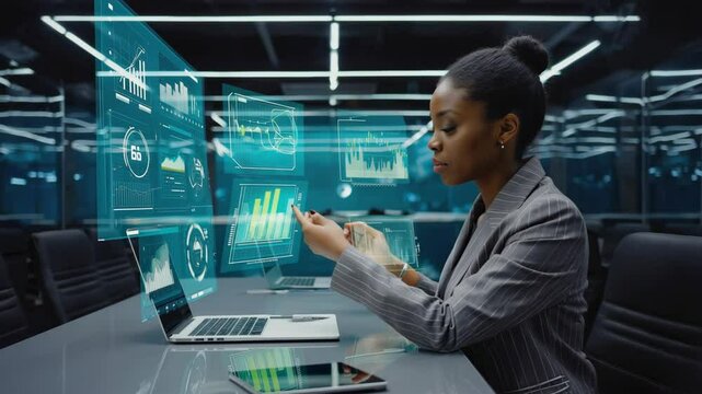 African woman businesswoman analyzing digital financial data on transparent screens, using technology, charts for market insights, investment decisions, business strategy in modern office environment. - Powered by Adobe