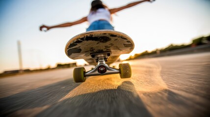 Female teen skateboarding at sunset with focus on skateboard wheels