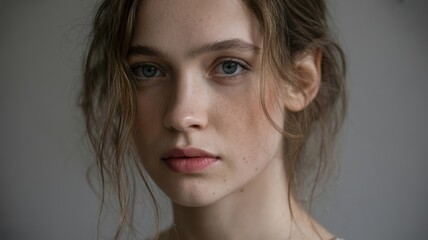 Young caucasian female with brown hair and blue eyes in portrait
