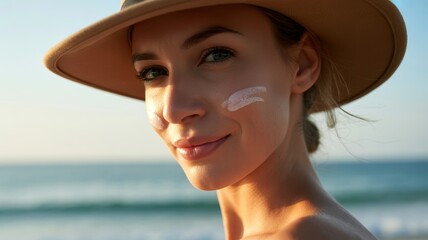 Young caucasian female enjoying beach with sun hat and sunscreen in warm sunset light