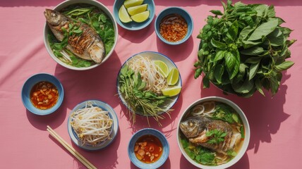 Vietnamese fish noodle soup with herbs and lime on pink table