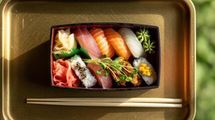Assorted sushi bento box with nigiri and garnishes