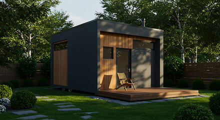 Modern Prefabricated Tiny House with Wooden Deck in Backyard Garden Landscape
