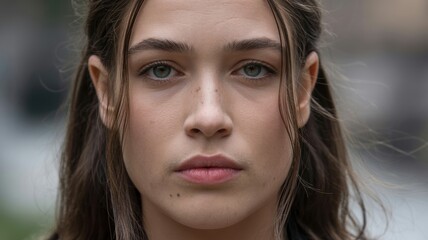 Close-up portrait of young caucasian female with brown hair and green eyes