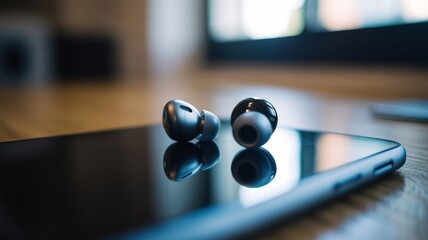 Wireless earbuds on smartphone in modern indoor setting