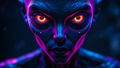 Alien with neon face paint and glowing eyes