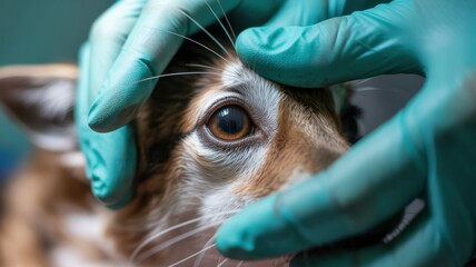 Veterinarian examining small dog eye with gloved hands in close-up veterinary care