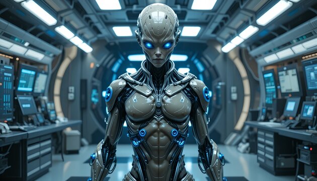 Advanced robotic alien with cybernetic implants in futuristic lab