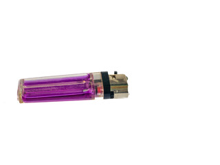 A close-up of a purple gas lighter, isolated on a white background.