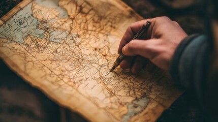 A person's hand studying an antique map.