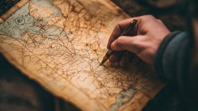 A person's hand studying an antique map.