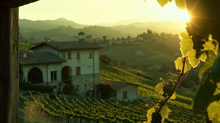 Naklejka premium Beautiful sunset over a vineyard with a rural building in the background
