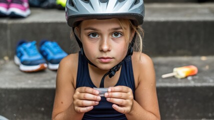 Young caucasian girl with helmet eating popsicle on steps