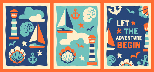 Hand drawn Scandinavian style set of vertical nautical wall art posters. Playful A4 cards with sailboats, lighthouses, and sea elements. Ideal for kids' rooms, beach homes, or holiday prints © Vigurskaia Sofiya