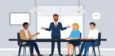 Business Meeting. Vector cartoon illustration in a flat style of a group of diverse people sitting and discussing in an office at a table headed by a manager. Isolated on background