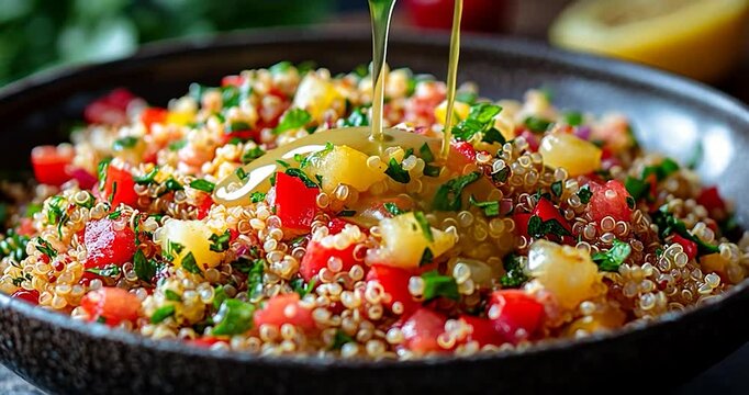 A bowl of colorful [food type] salad with vegetables and dressing being poured over it