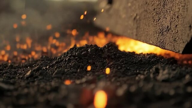 Close-Up View of Sparks and Hot Metal Shavings on Dark Ground Surface in Industrial Setting