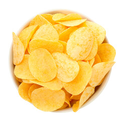 Tasty chips in bowl isolated on white, top view