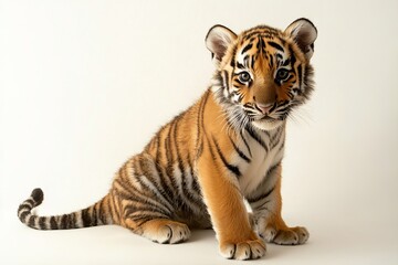 Obraz premium Adorable baby tiger sitting on soft white background with curious eyes and detailed fur texture expressing innocence and beauty